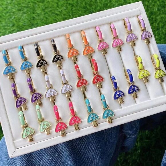 Gold Plated Rainbow Colored Enamel Mushroom Capped Huggie Hoop Festival Earrings - Picture 1 of 13